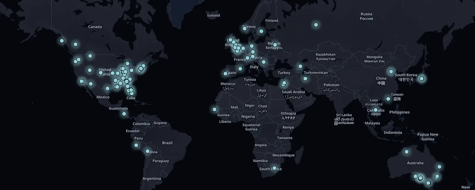 Map of the 88 case files on this page, pinned by legal status