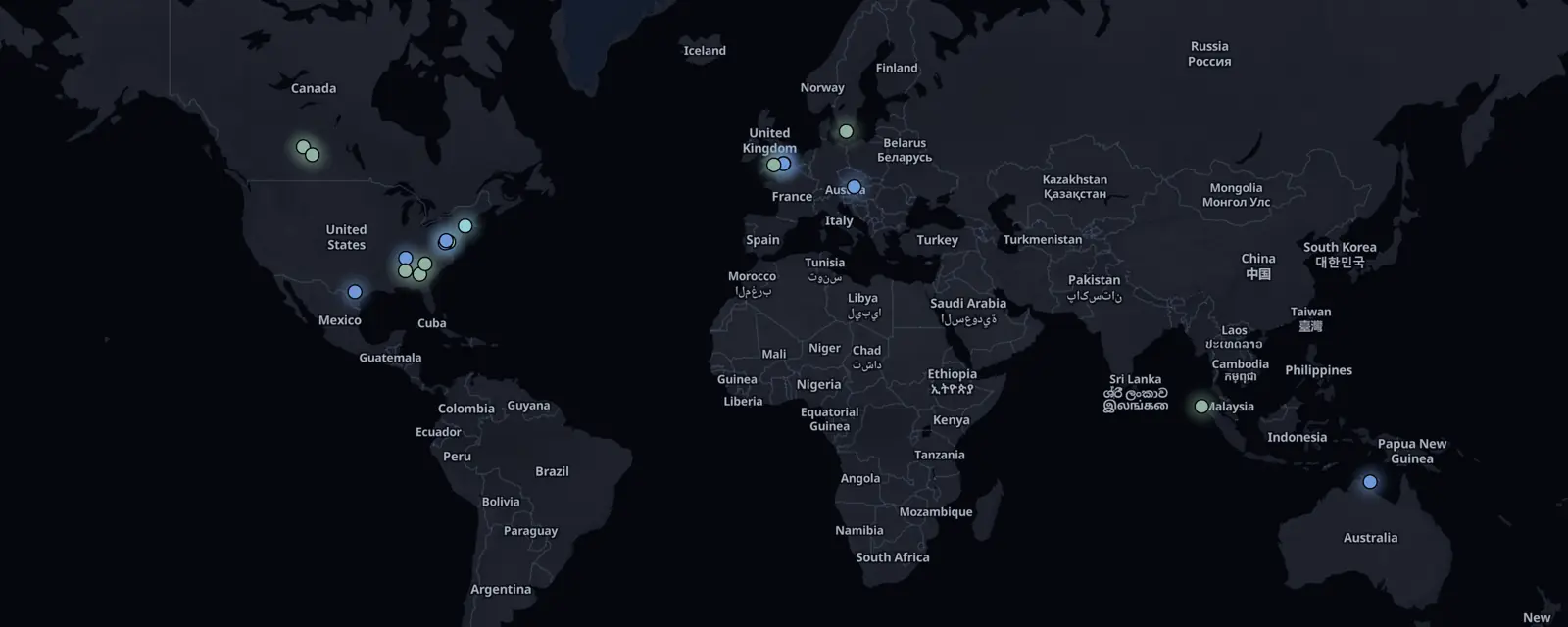 Map of the 19 case files on this page, pinned by legal status