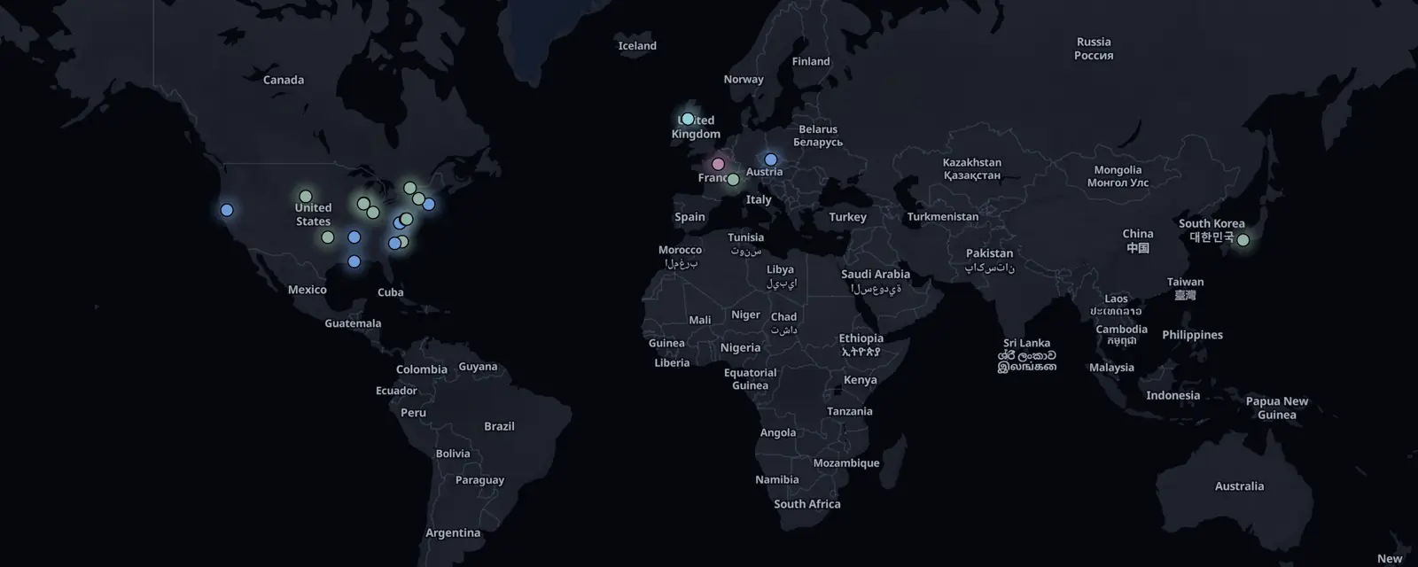 Map of the 21 case files on this page, pinned by legal status