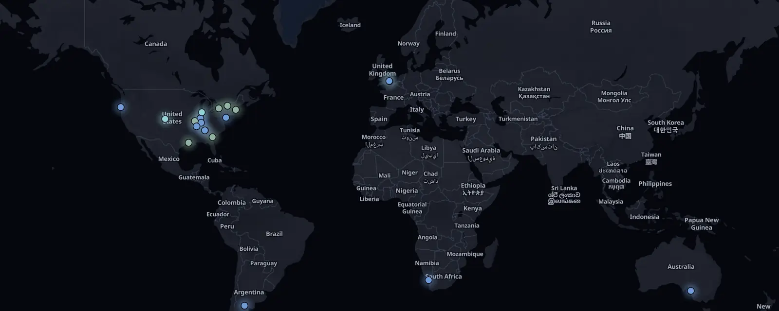 Map of the 20 case files on this page, pinned by legal status