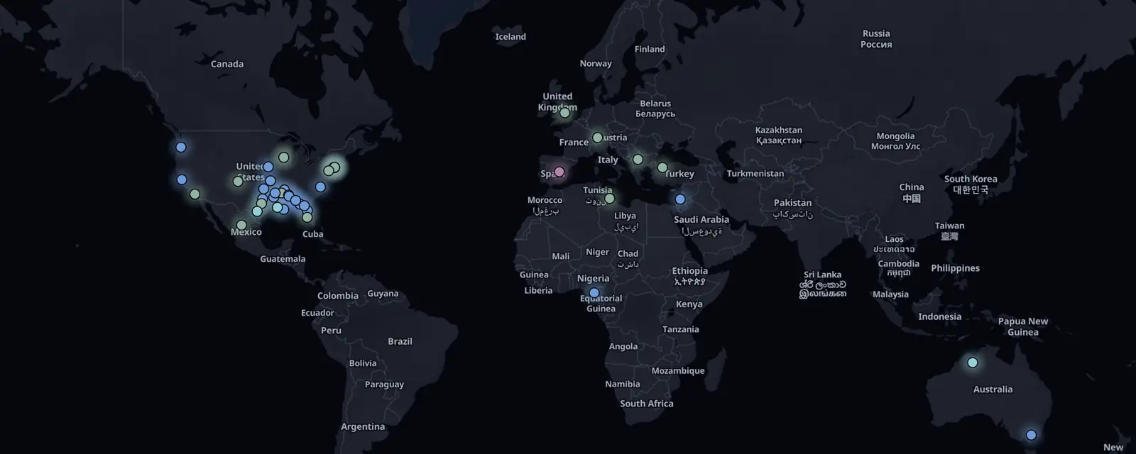 Map of the 45 case files on this page, pinned by legal status