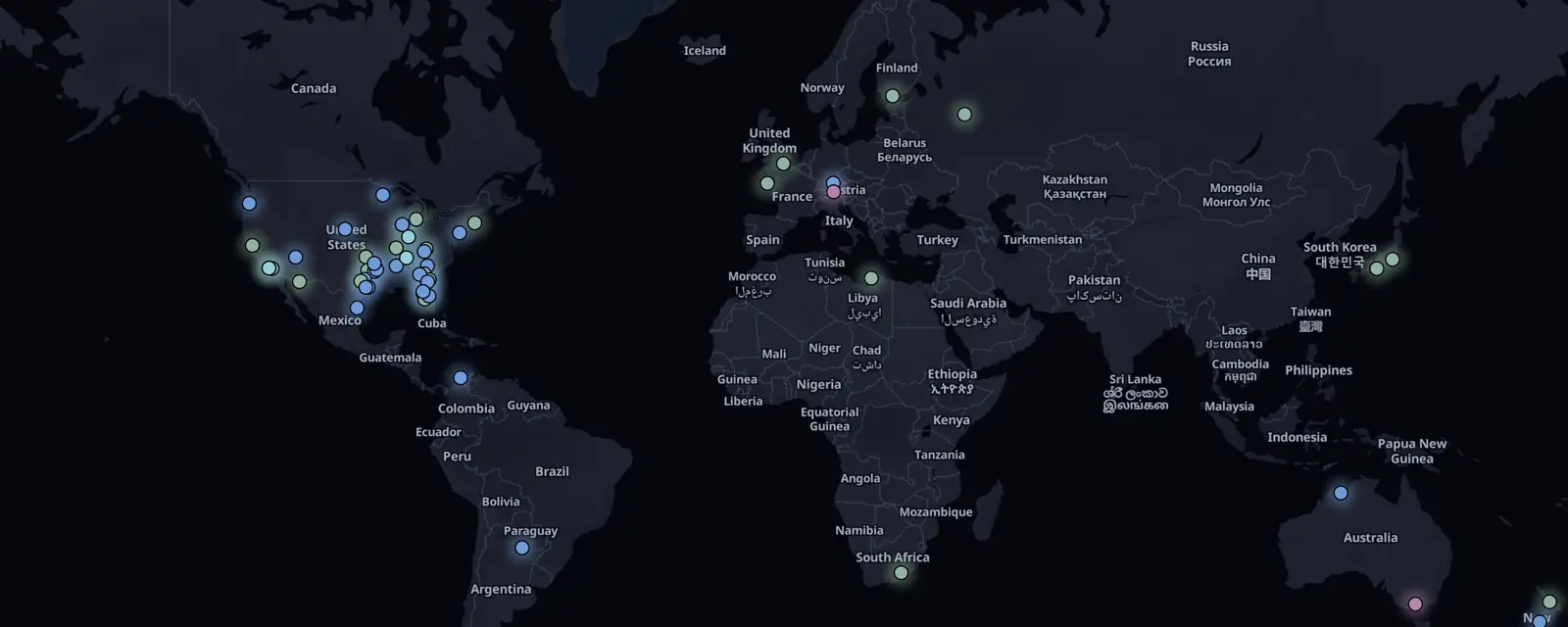Map of the 56 case files on this page, pinned by legal status