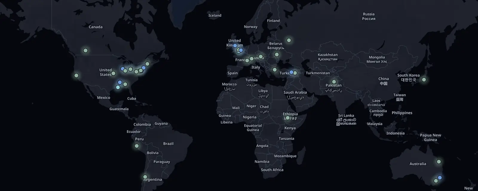 Map of the 36 case files on this page, pinned by legal status