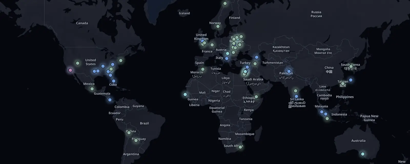 Map of the 60 case files on this page, pinned by legal status