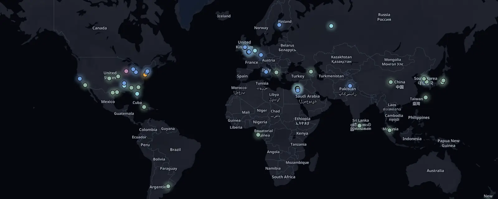 Map of the 52 case files on this page, pinned by legal status
