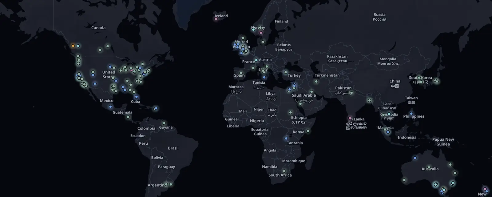 Map of the 171 case files on this page, pinned by legal status