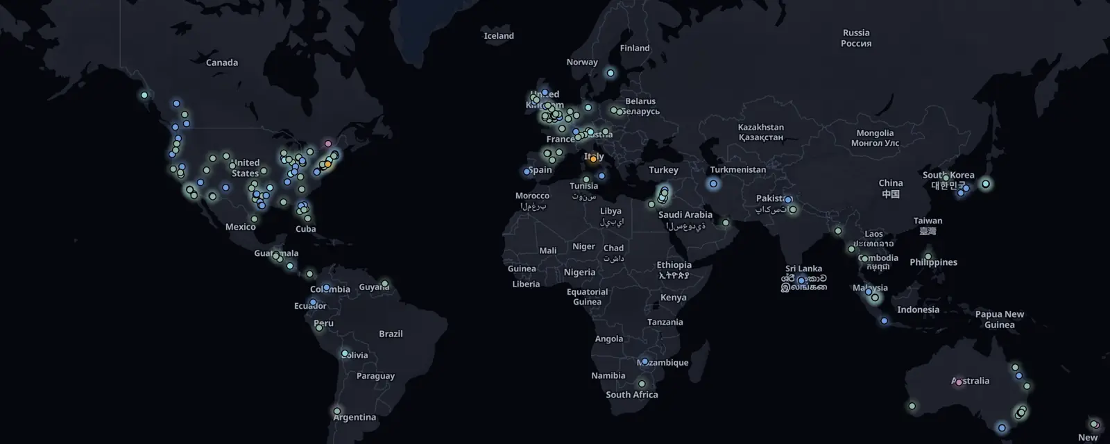 Map of the 215 case files on this page, pinned by legal status