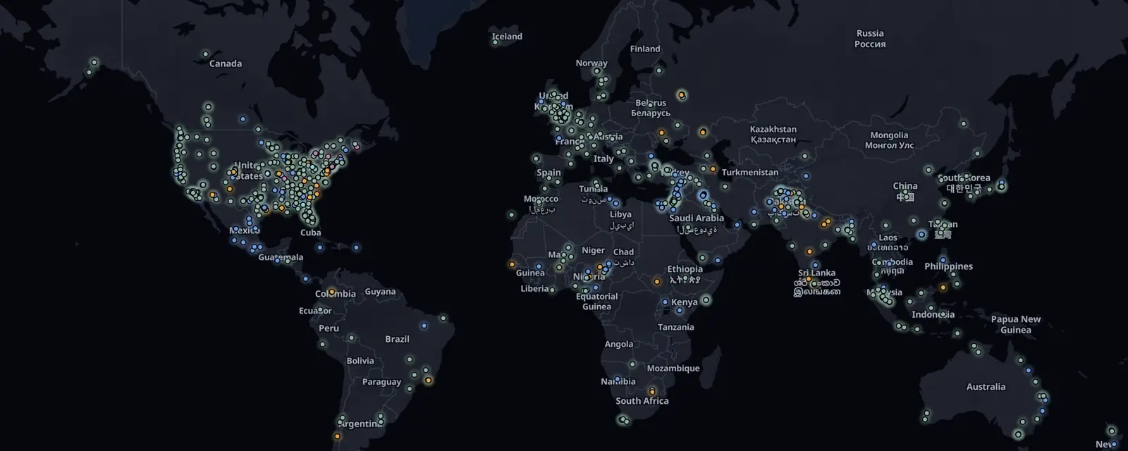 Map of the 800 case files on this page, pinned by legal status