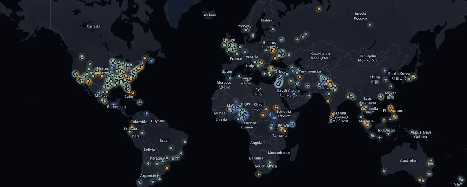 Map of the 495 case files on this page, pinned by legal status