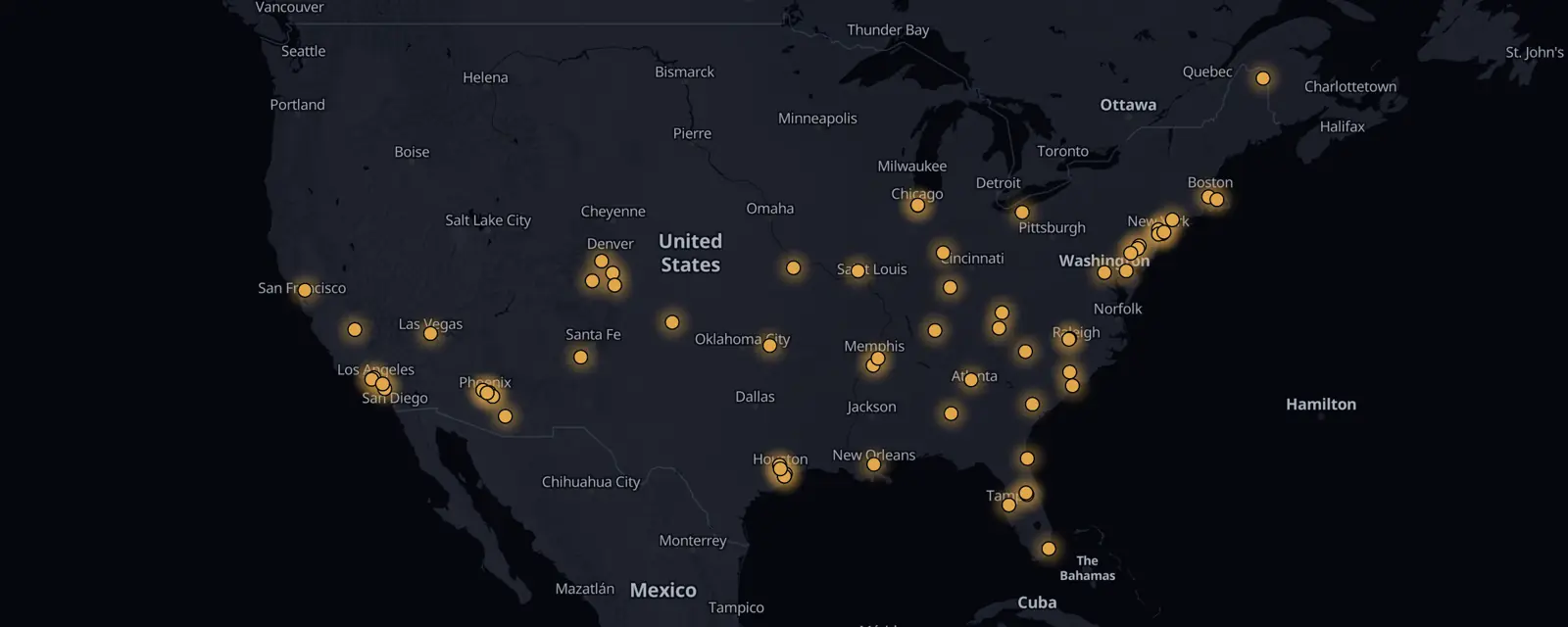 Map of the 62 case files in the US, pinned by legal status