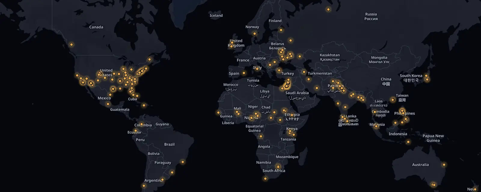 Map of the 185 case files on this page, pinned by legal status