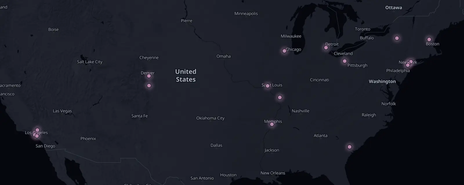 Map of the 17 case files in the US, pinned by legal status