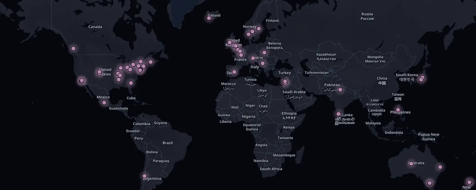 Map of the 52 case files on this page, pinned by legal status