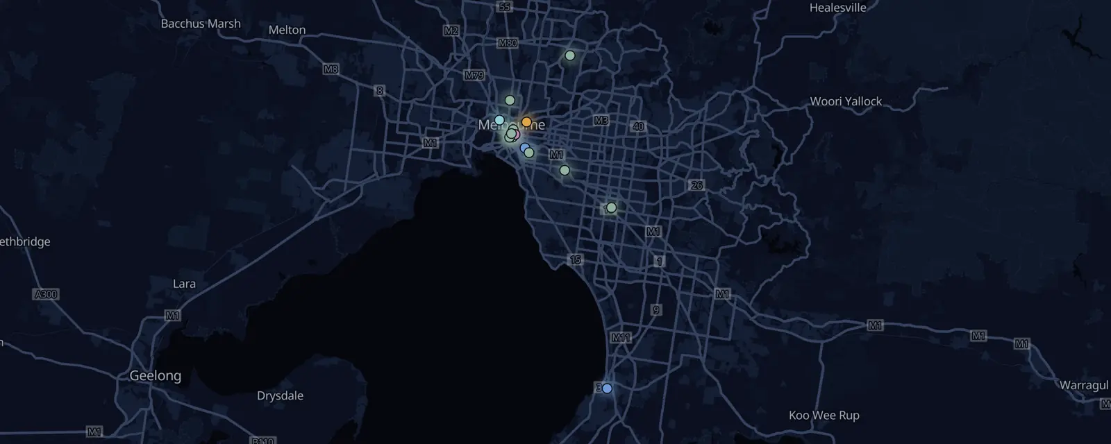 Map of the 16 case files in Melbourne, pinned by legal status