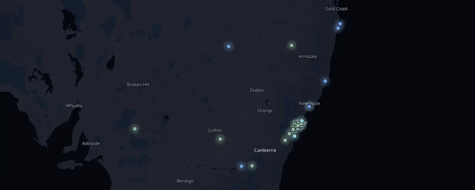 Map of the 26 case files in New South Wales, pinned by legal status