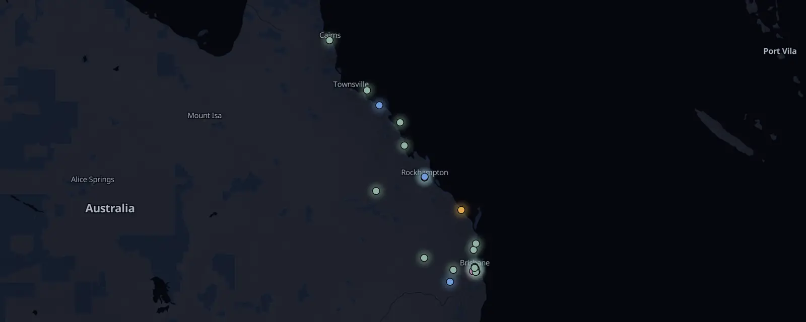 Map of the 22 case files in Queensland, pinned by legal status