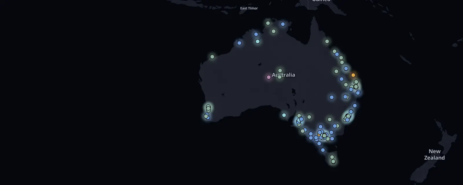 Map of the 132 case files in Australia, pinned by legal status
