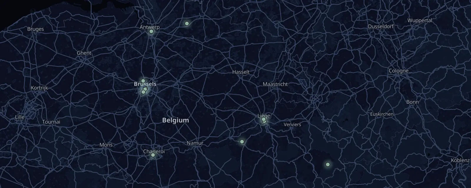 Map of the 12 case files in Belgium, pinned by legal status