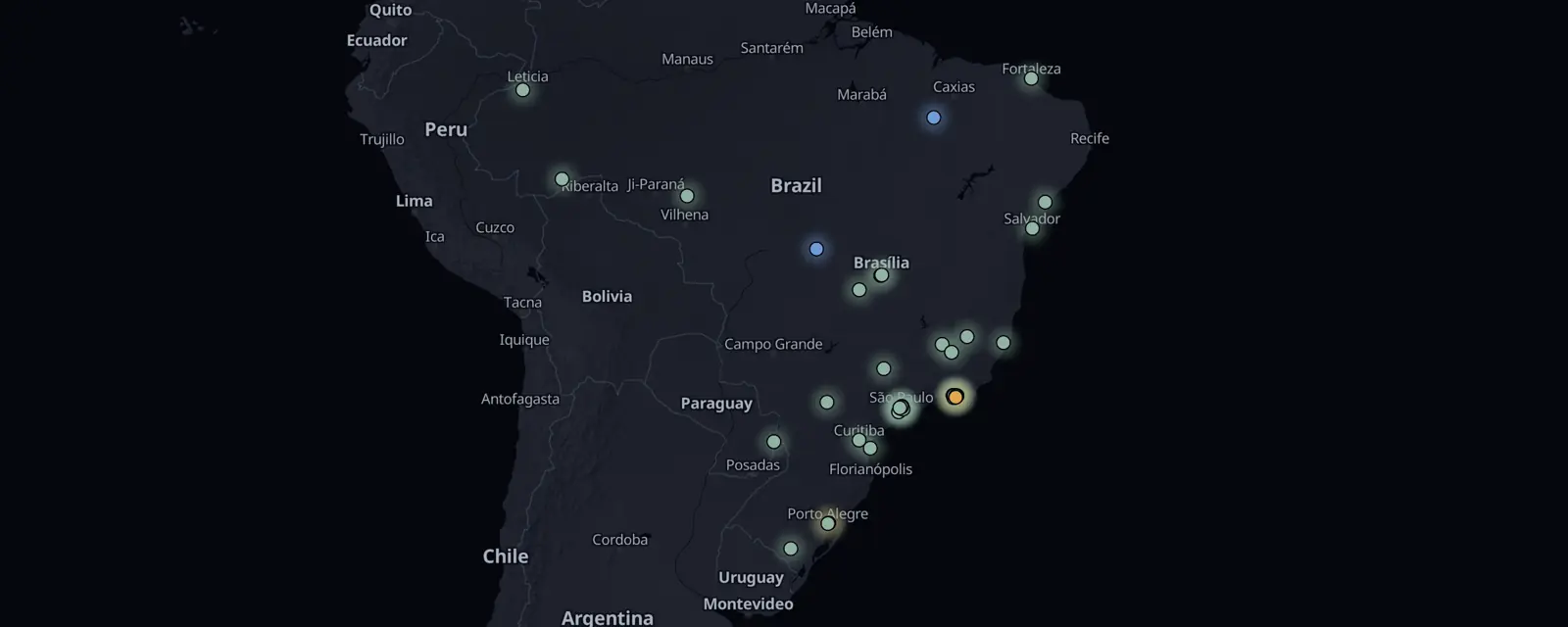 Map of the 39 case files in Brazil, pinned by legal status
