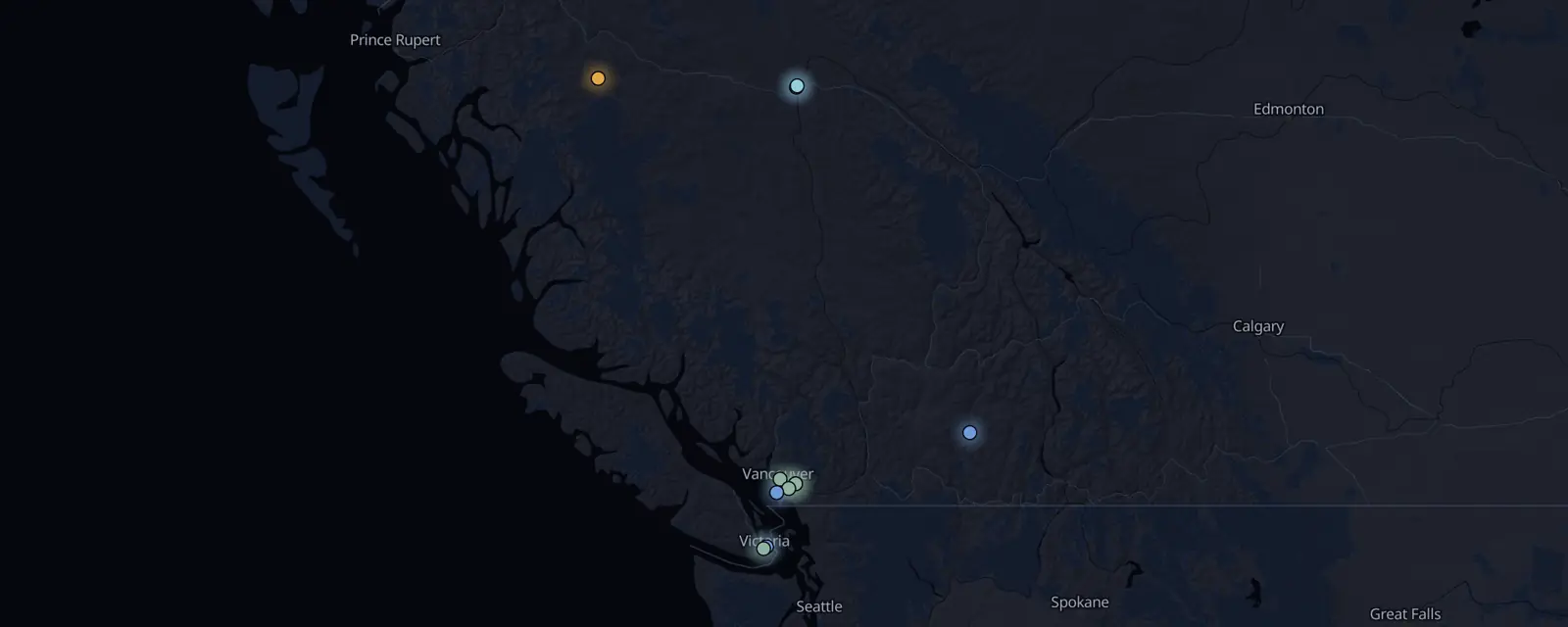 Map of the 11 case files in British Columbia, pinned by legal status