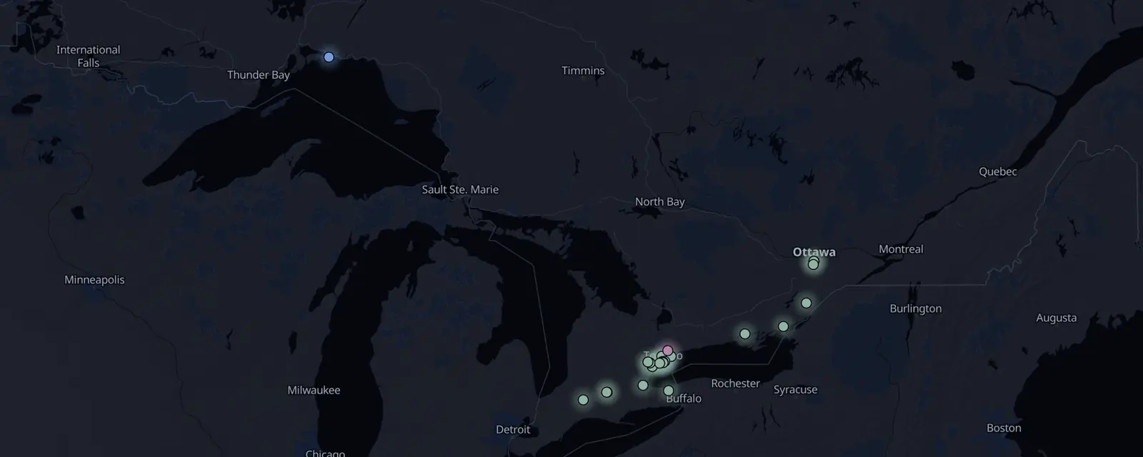 Map of the 26 case files in Ontario, pinned by legal status