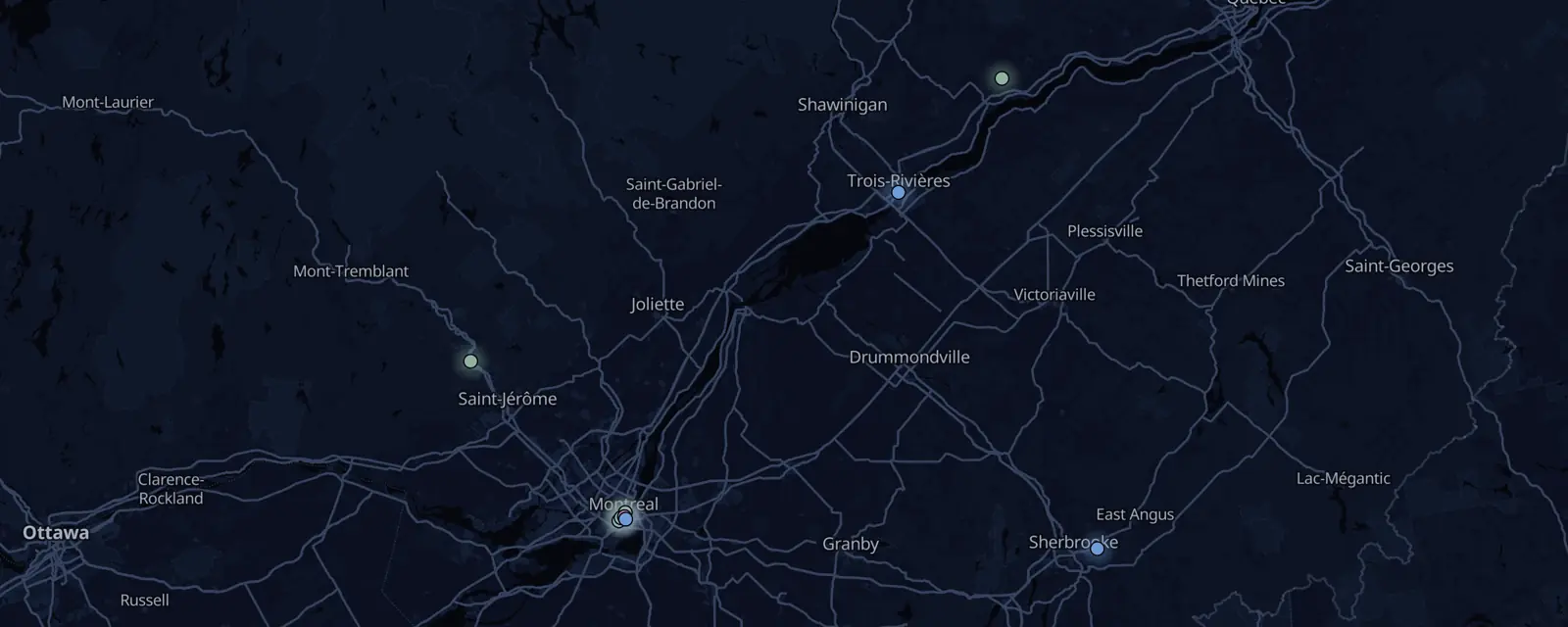 Map of the 10 case files in Quebec, pinned by legal status