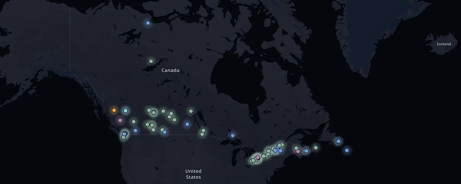Map of the 81 case files in Canada, pinned by legal status