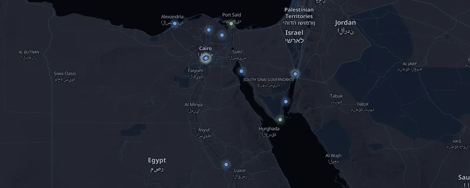 Map of the 18 case files in Egypt, pinned by legal status