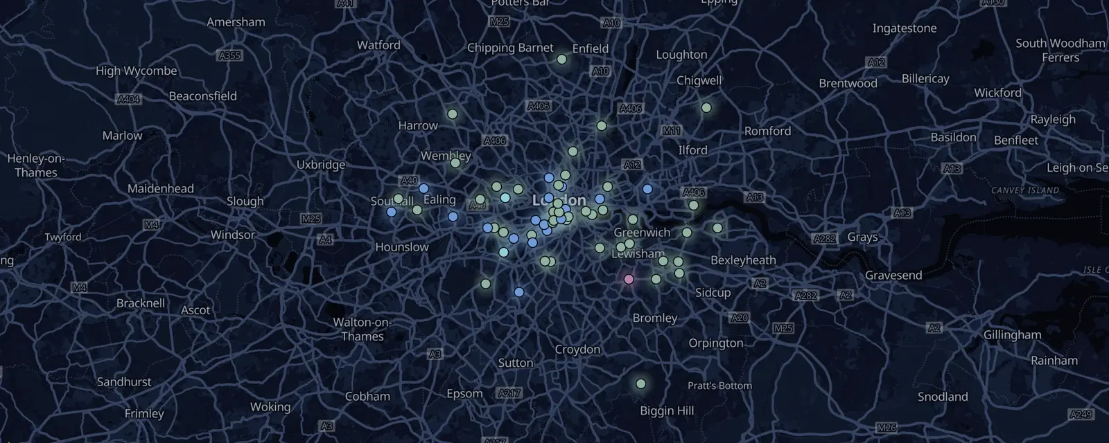 Map of the 67 case files in London, pinned by legal status