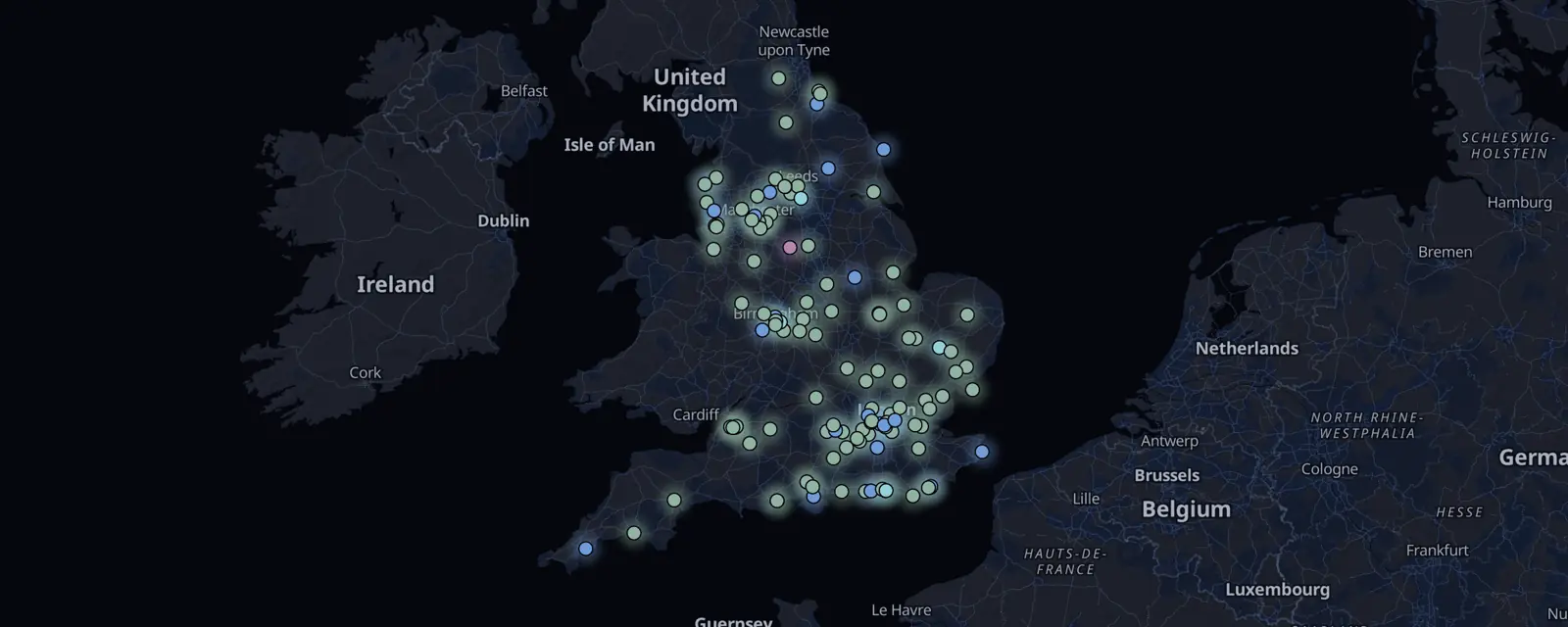 Map of the 130 case files in England, pinned by legal status