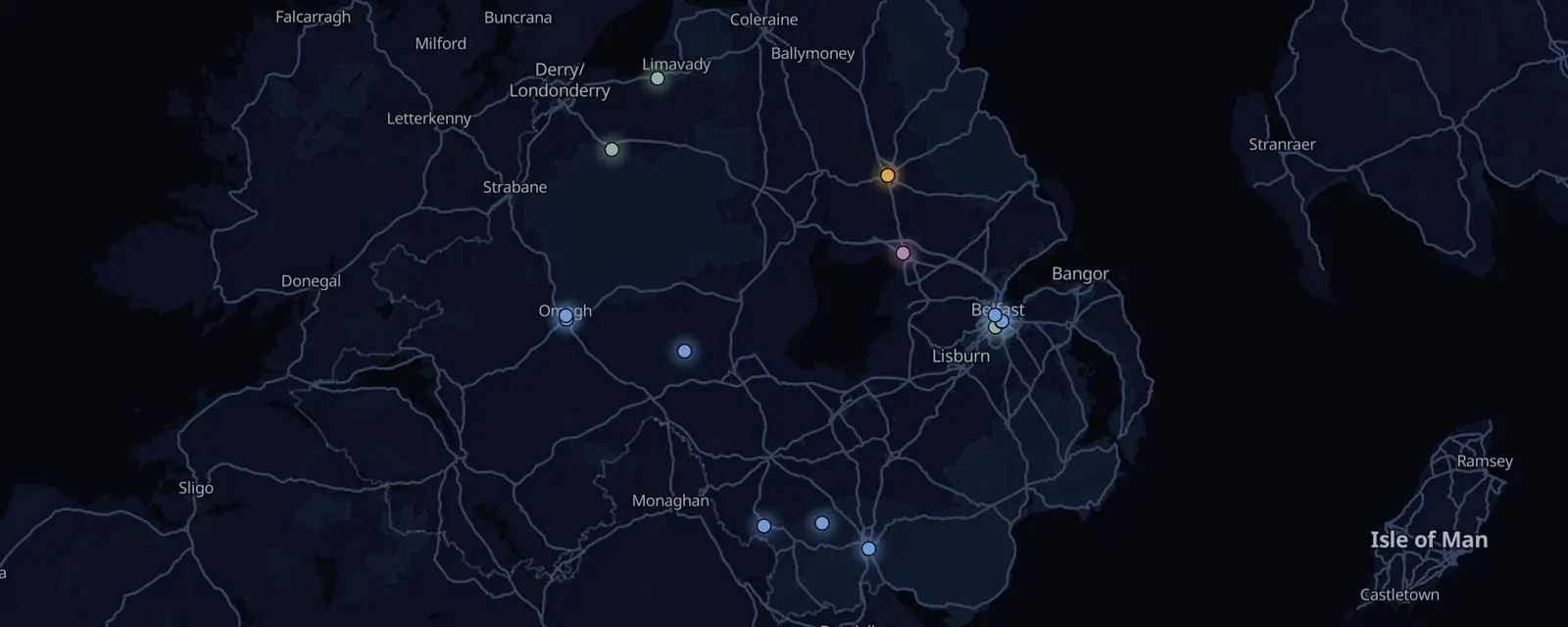 Map of the 15 case files in Northern Ireland, pinned by legal status