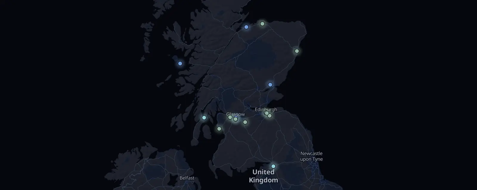 Map of the 16 case files in Scotland, pinned by legal status