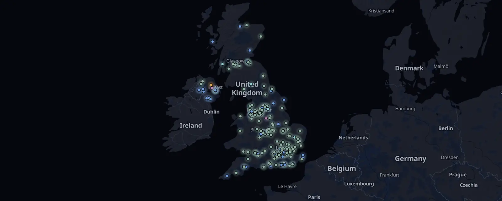 Map of the 280 case files in the UK, pinned by legal status