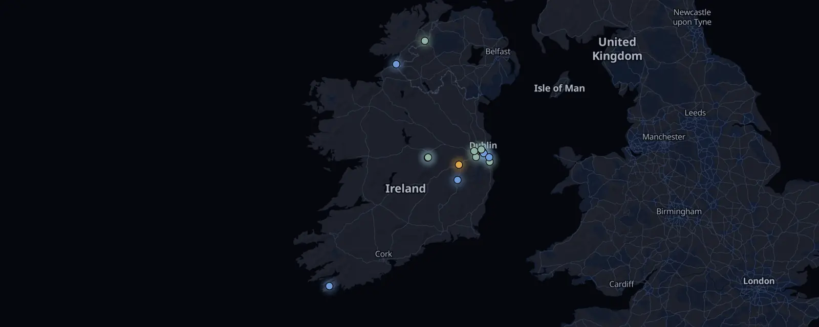 Map of the 15 case files in Ireland, pinned by legal status