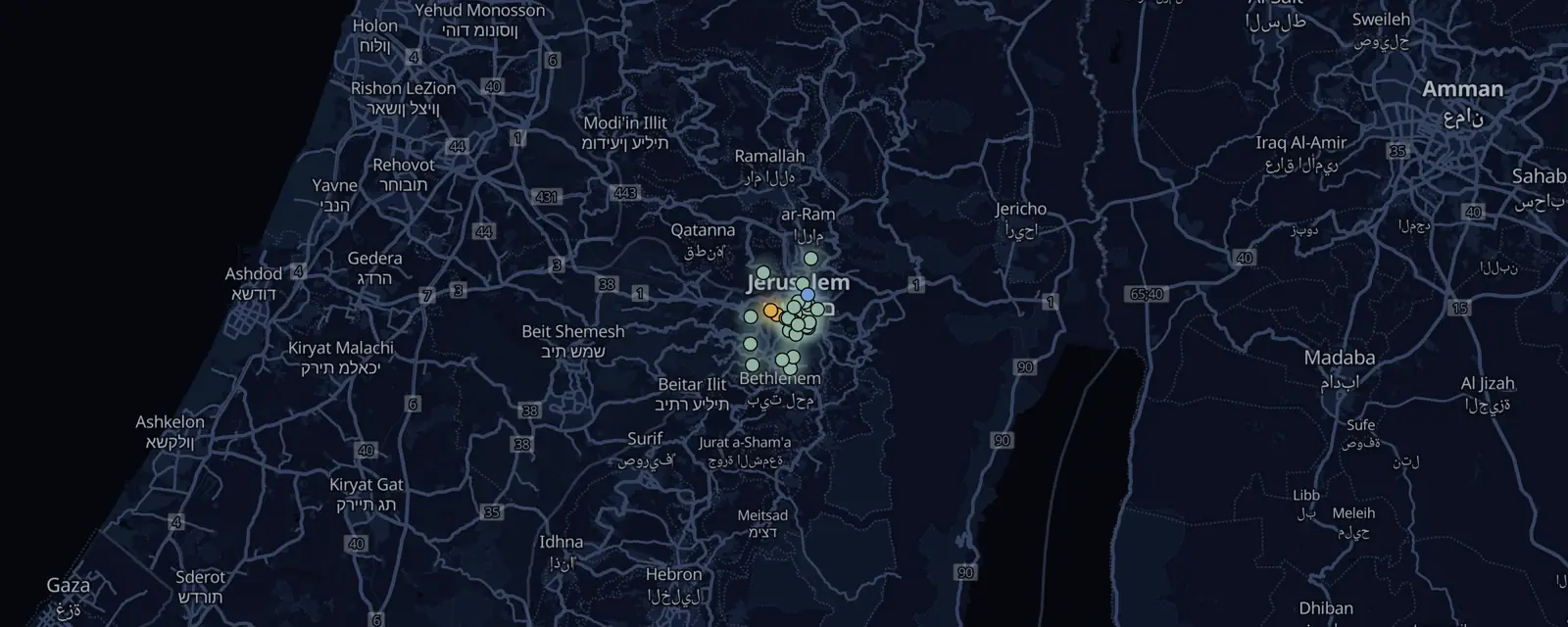 Map of the 35 case files in Jerusalem, pinned by legal status
