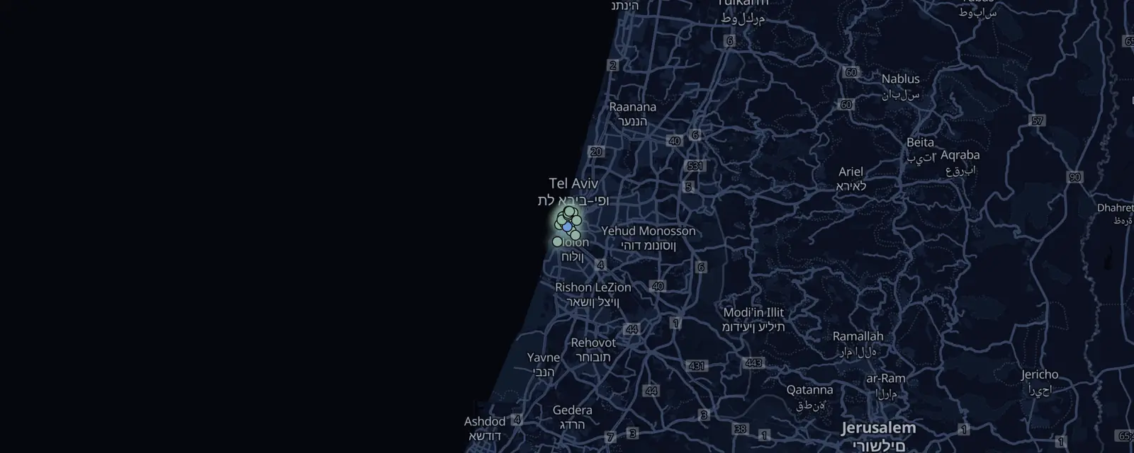 Map of the 17 case files in Tel Aviv, pinned by legal status