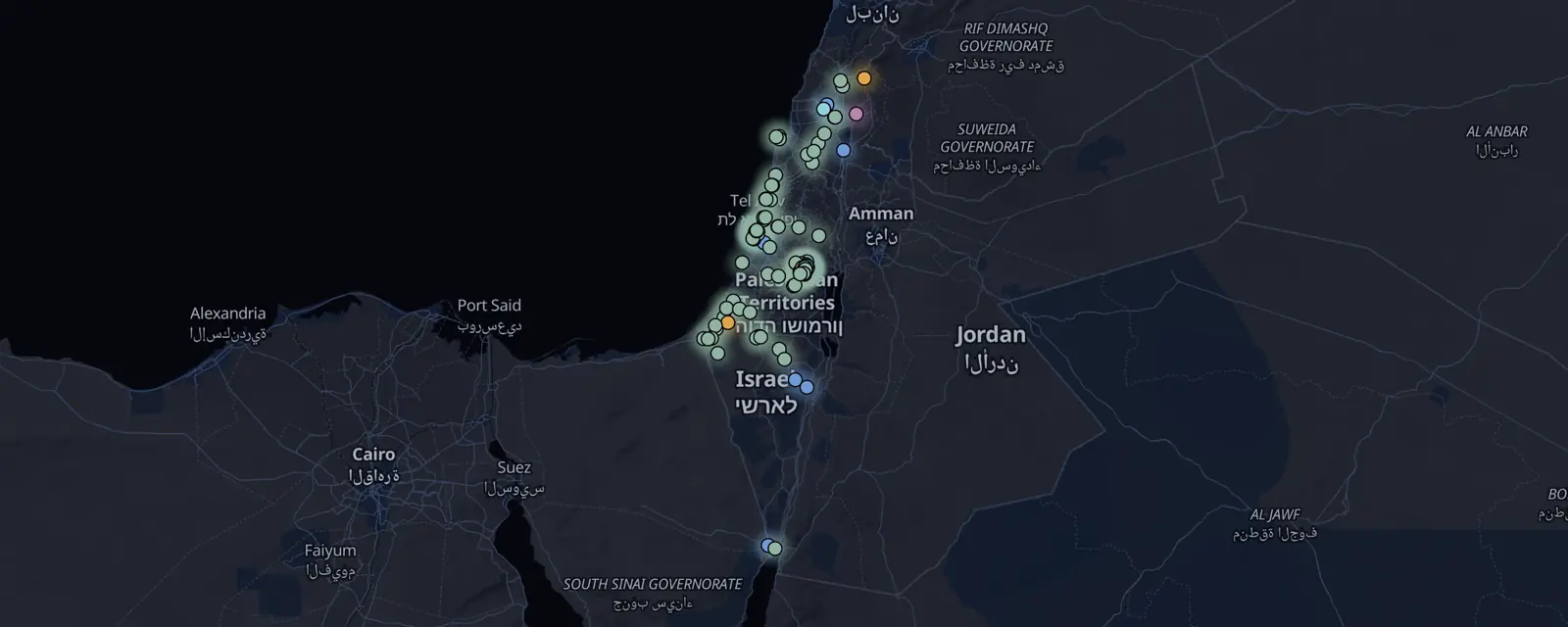 Map of the 116 case files in Israel, pinned by legal status