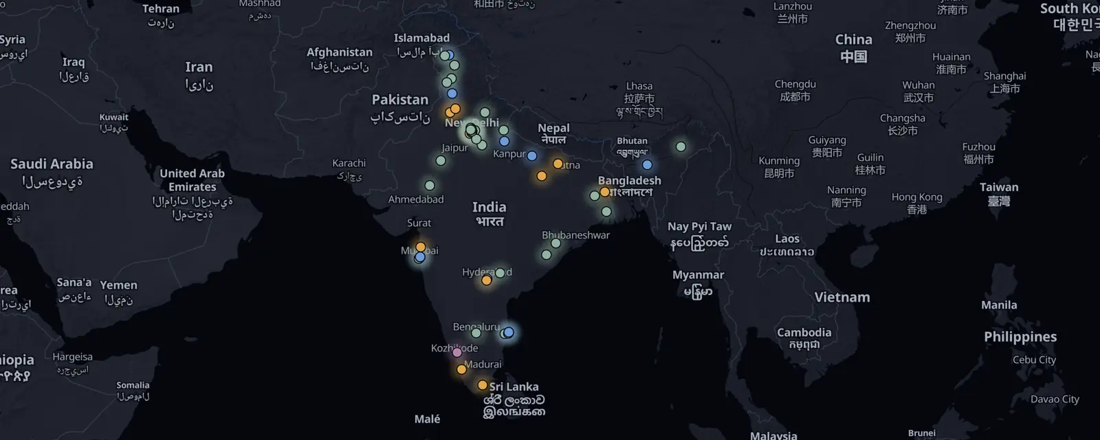 Map of the 55 case files in India, pinned by legal status