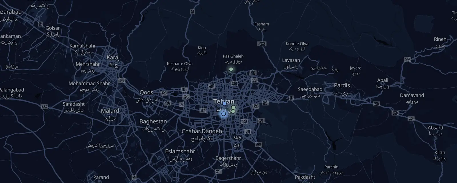 Map of the 9 case files in Tehran, pinned by legal status
