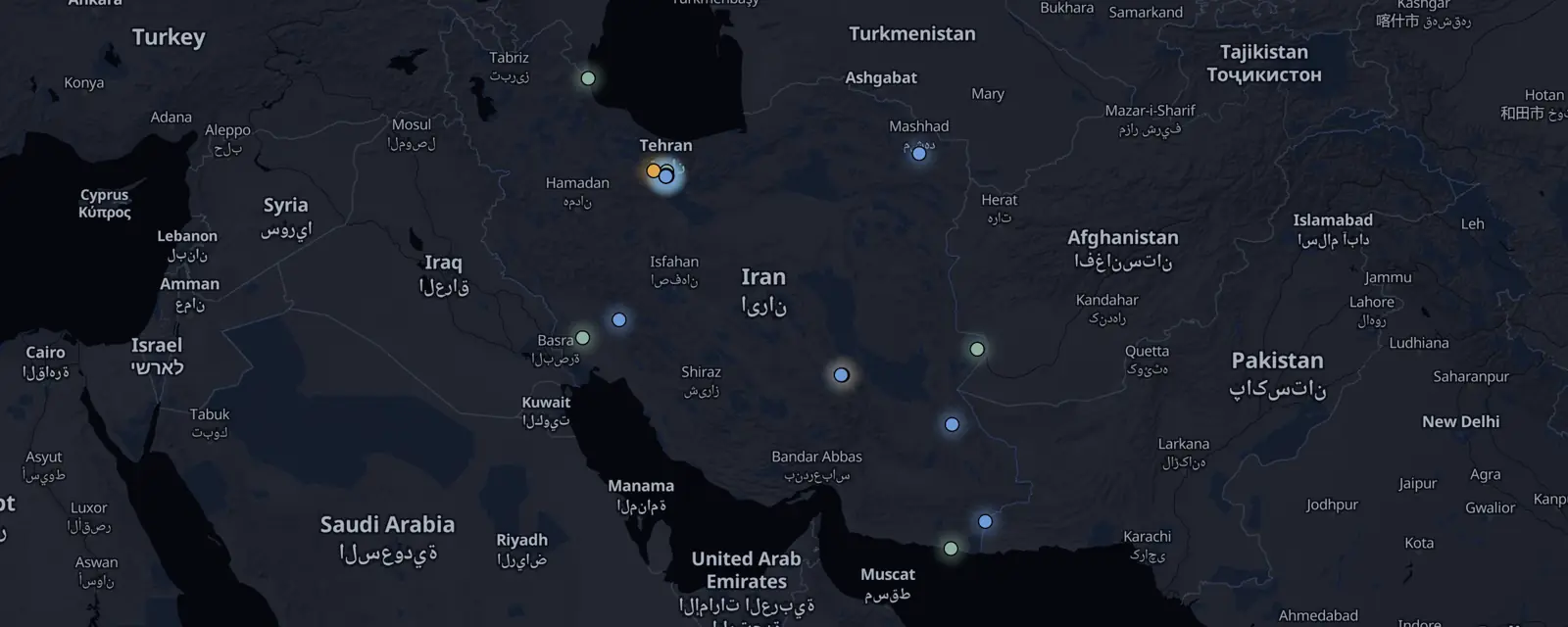 Map of the 20 case files in Iran, pinned by legal status