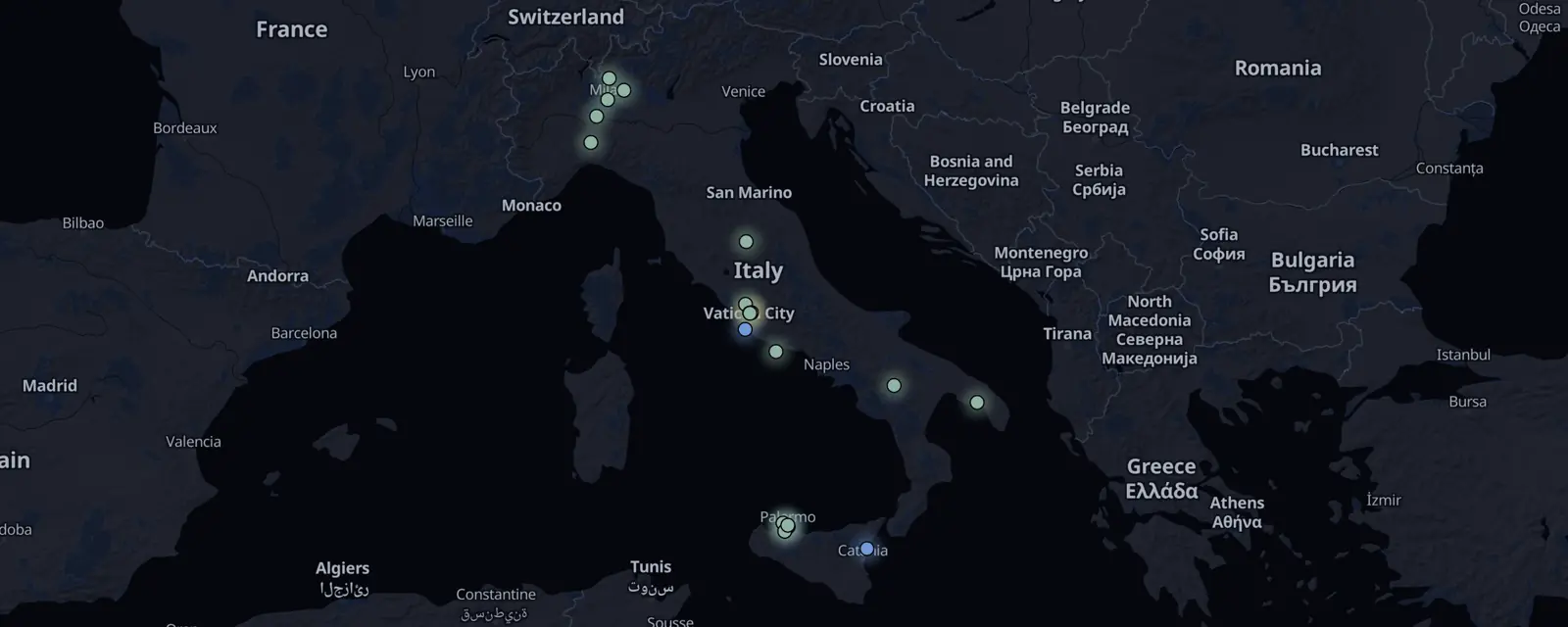 Map of the 19 case files in Italy, pinned by legal status