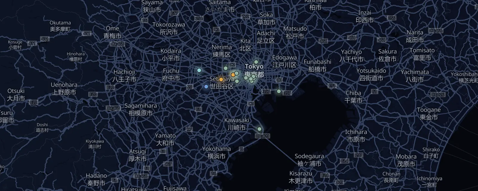 Map of the 18 case files in Tokyo, pinned by legal status