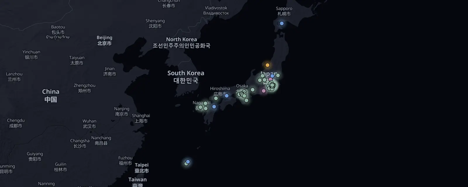 Map of the 56 case files in Japan, pinned by legal status