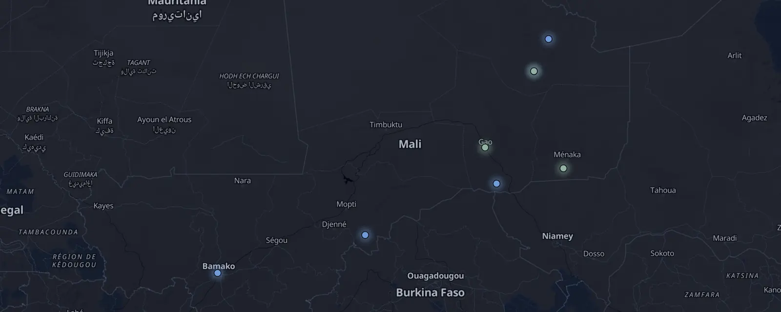 Map of the 8 case files in Mali, pinned by legal status