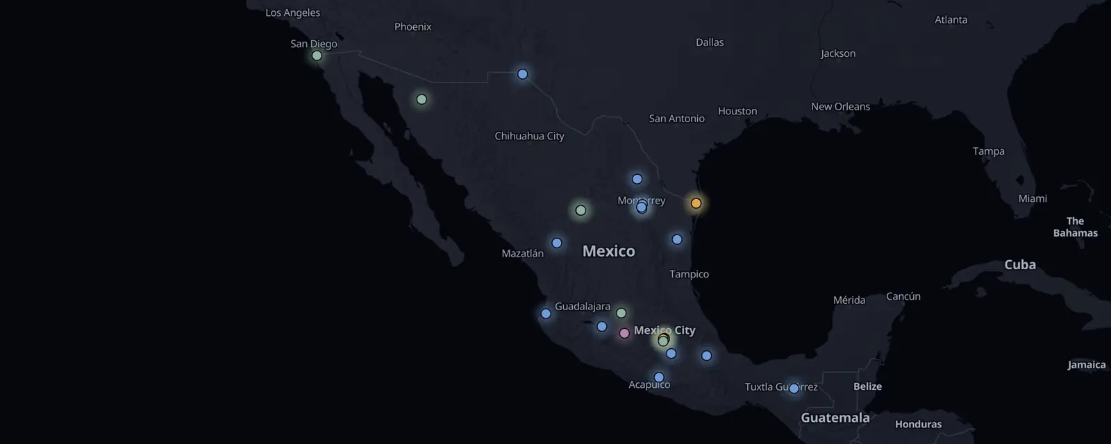 Map of the 27 case files in Mexico, pinned by legal status