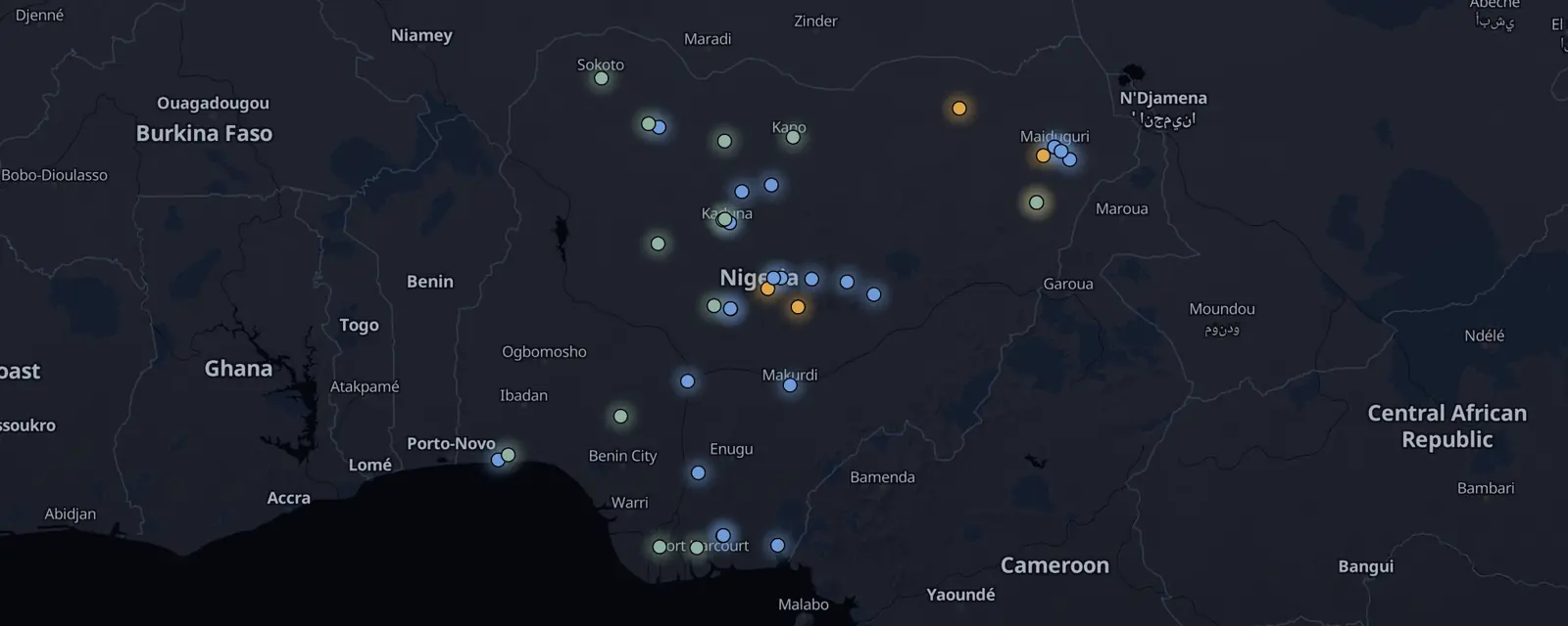 Map of the 40 case files in Nigeria, pinned by legal status