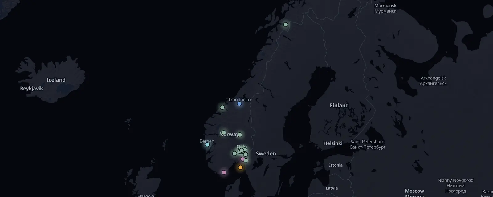 Map of the 19 case files in Norway, pinned by legal status