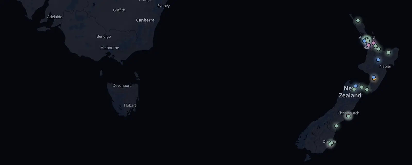 Map of the 32 case files in New Zealand, pinned by legal status
