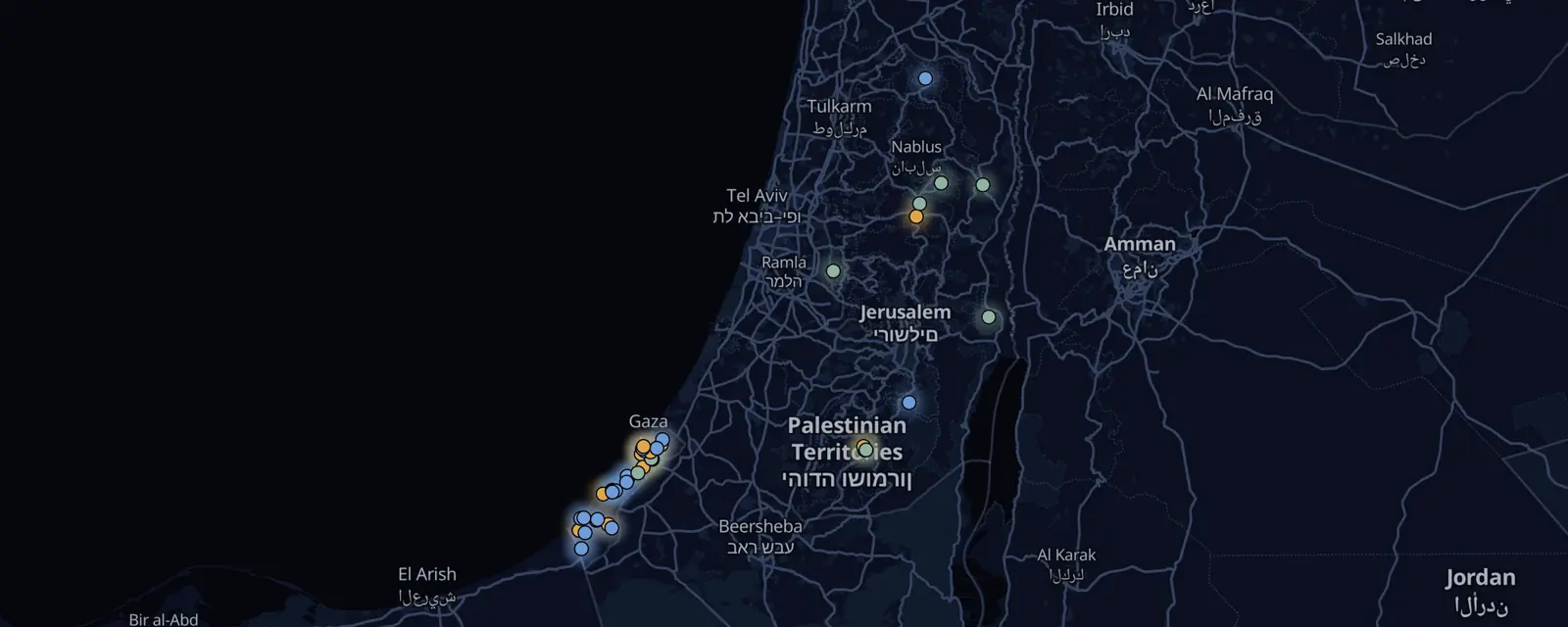 Map of the 45 case files in Palestine, pinned by legal status