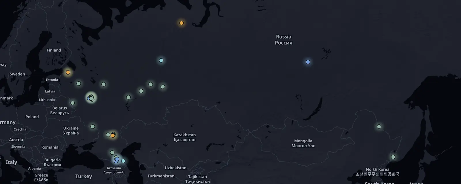 Map of the 46 case files in Russia, pinned by legal status